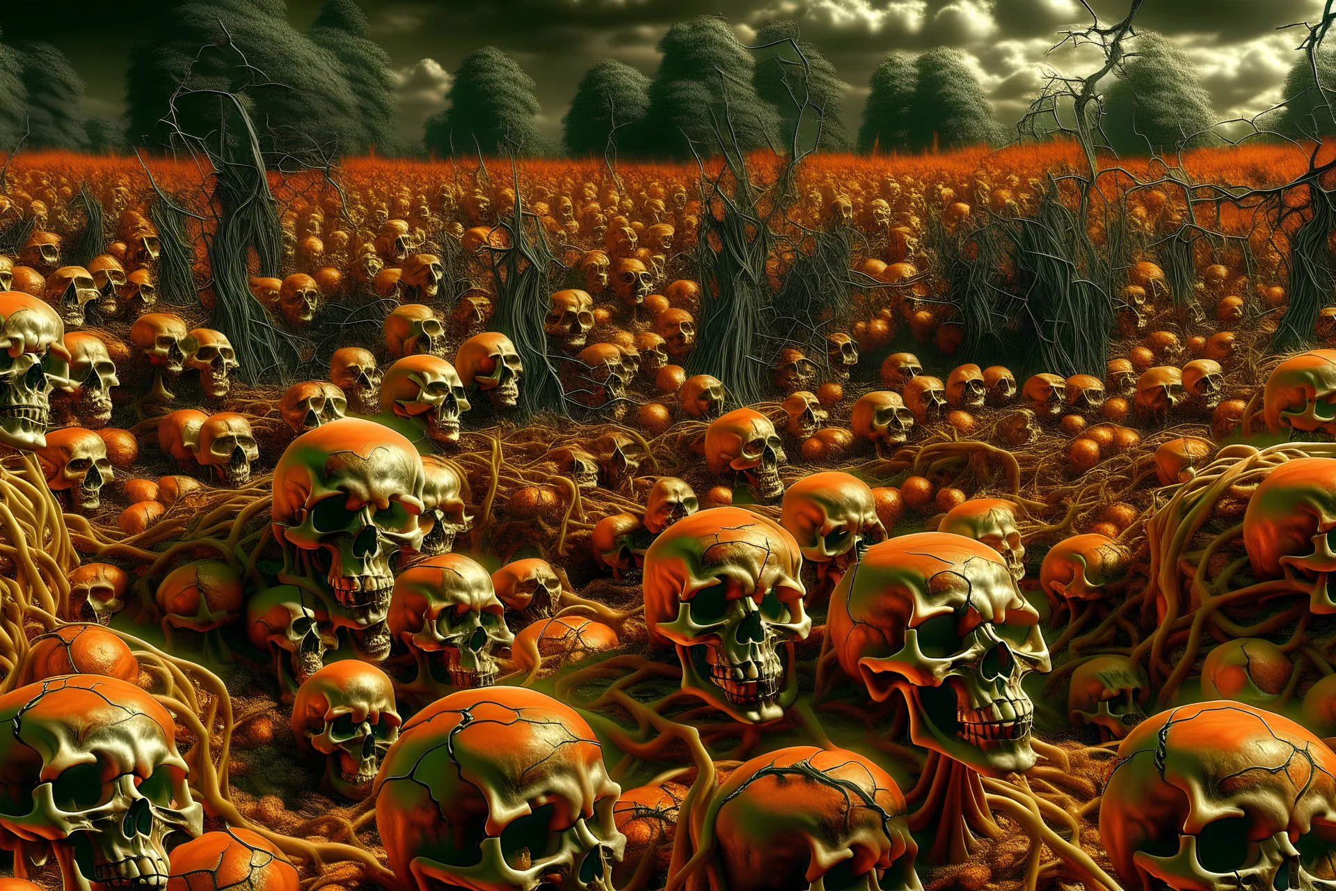 view of dozens of human skulls growing off of a vine in a large field, designed to look like a pumpkin patch, painted orange, growing off of a vine orange skulls, evil dead atmosphere, highly detailed, sharp focus, two-toned, digital painting, artstaion, concept art, hr Geiger