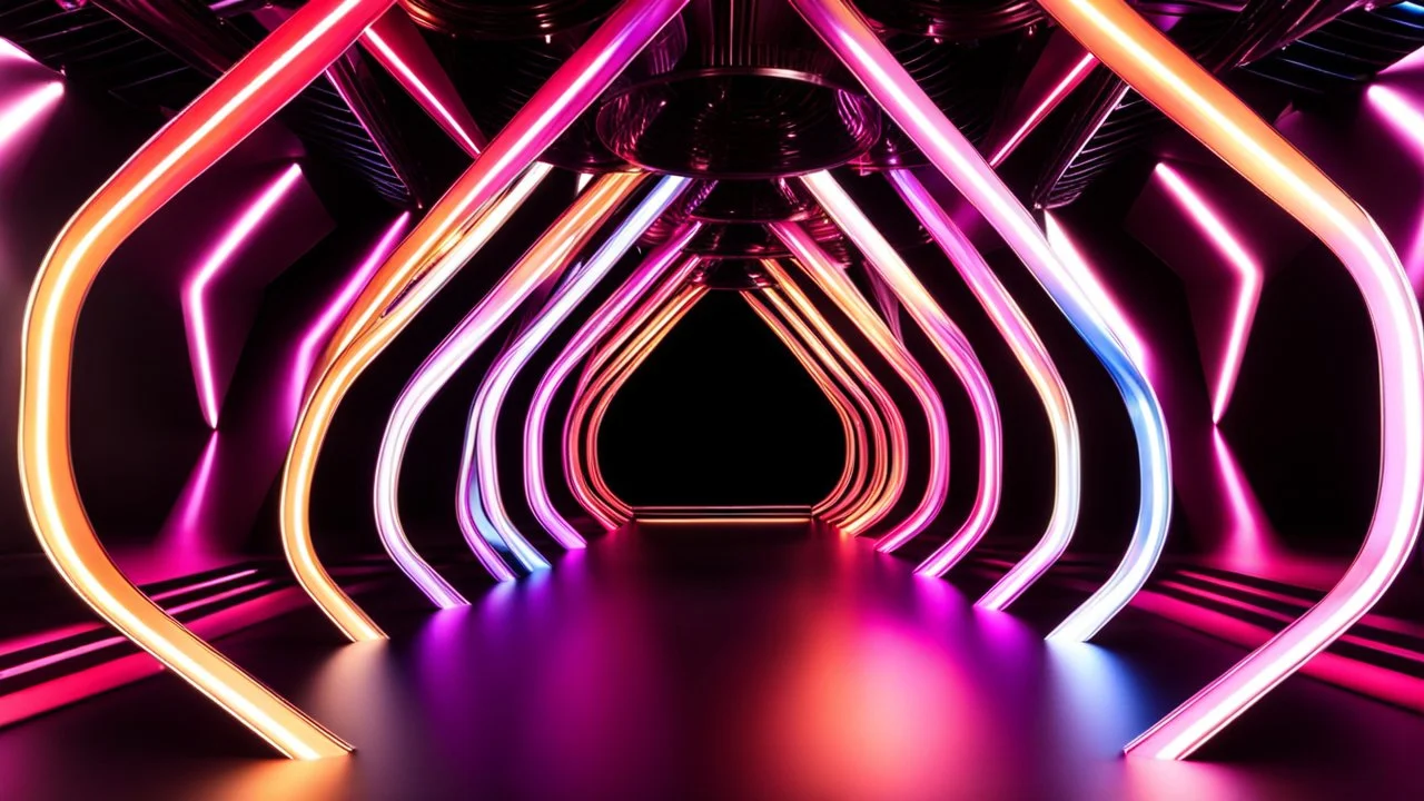 a 3D recursive stage structure made of metallic colors, pretty artistic background, dynamic lights