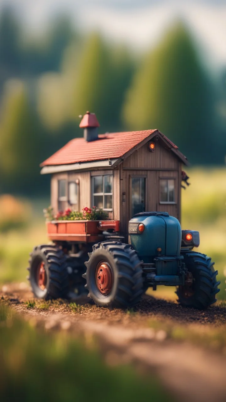 tractor with a small house on top,bokeh like f/0.8, tilt-shift lens 8k, high detail, smooth render, down-light, unreal engine, prize winning