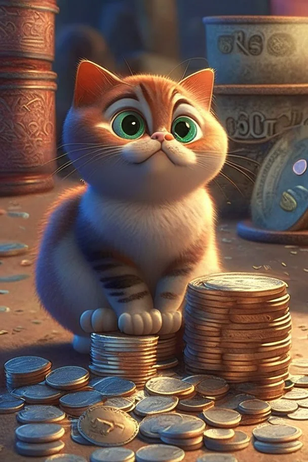 cute pixar cat and money and coins