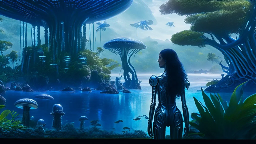 detailed matte painting of a wide-angle shot of a woman standing on the right-hand side of an alien beach, with dark hair in a silver robotic catsuit, many floating mushrooms with jellyfish tentacles, alien jungle trees in the distance, deep colour