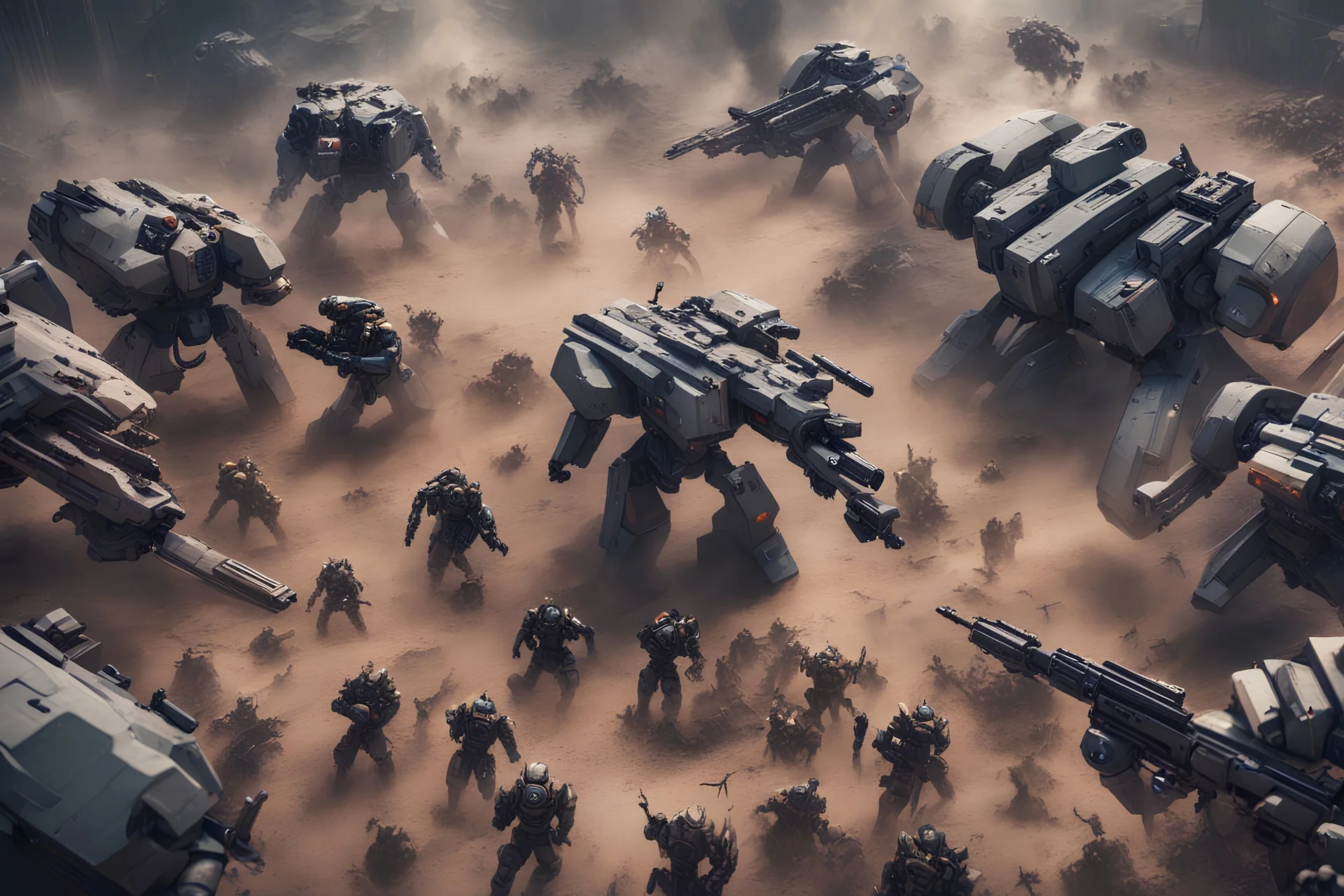 epic warzone, mech vs alien races, top view, cinematic camera, battle scene, modern weapon, many army, infantry