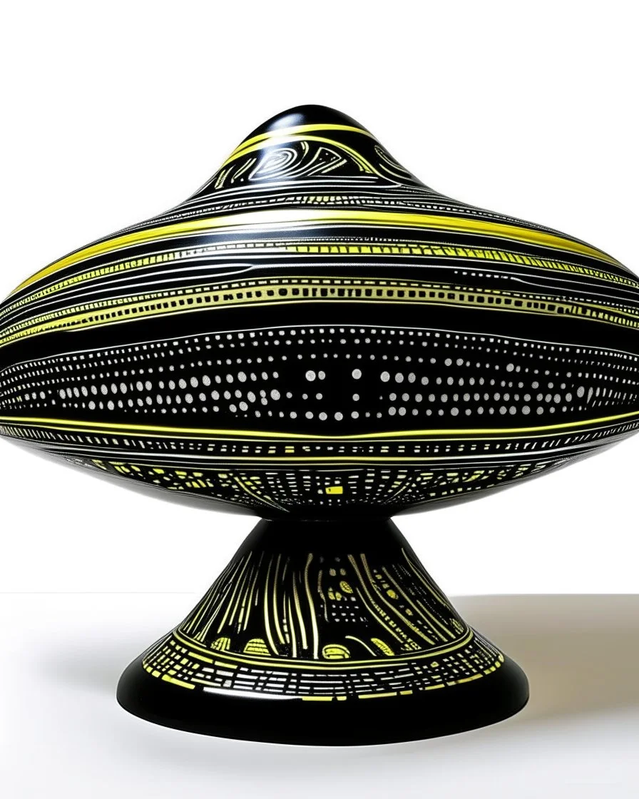 A black UFO with lasers designed in native American petroglyphs painted by Roy Lichtenstein