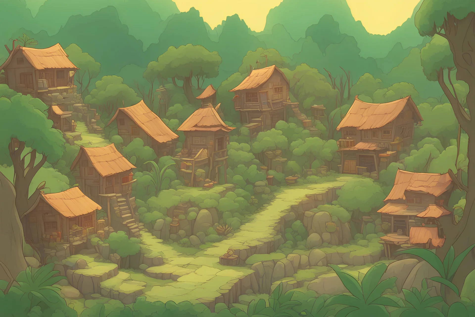 قرية ليل غابة خلفية لعبة كرتونية
