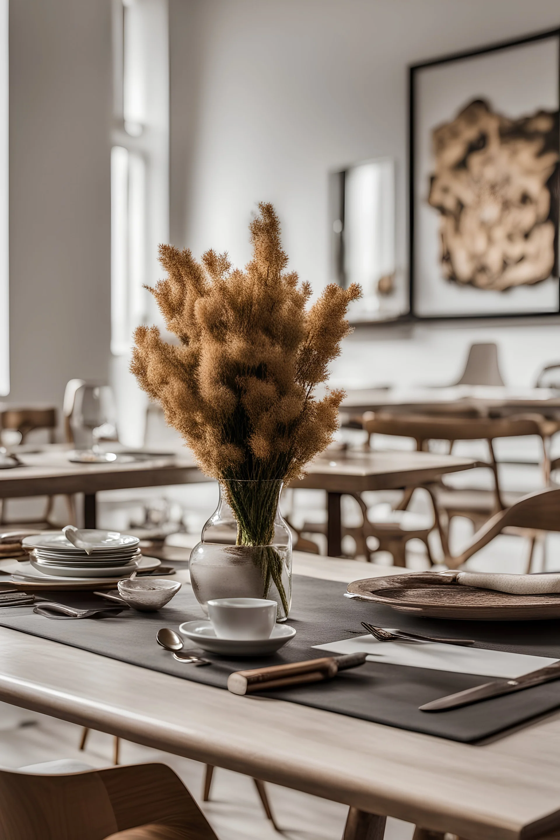 An empty table in front of the picture and a stylish environment behind it