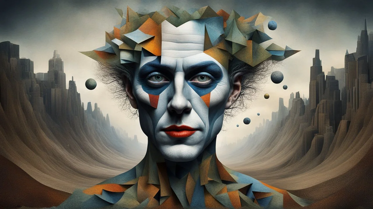 time-lapse photography, character from joker, Painting in the style of Igor Morski and Paul Klee blending elements of expressionism, cubism, futurism, surrealism, and abstractionism, a body entwined with surreal landscape, displaying human anatomy merging with fractal components of nature, earth tones dominate the canvas with selective color bursts, incorporating visual metaphors, Brazilian naturism fashion aesthetic, ultra realistic, digital painting, high intr