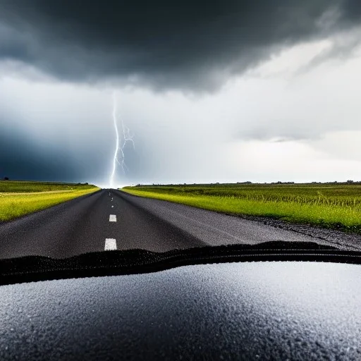 hyper photorealistic shot, speeding off-road truck, monotone color palette, sharp focus, puddle reflec1tion, intricate tire tread pattern, tire mud splashes, refraction, mist on the horizon, thunder and lightning, overcast shadow, detailed and intricate, cinematic composition, 8k, micro, tilt shift photography, bokeh