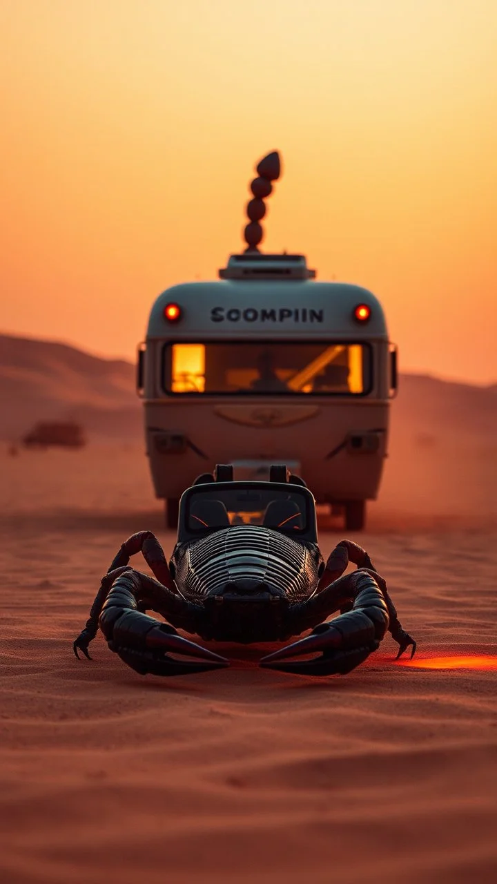 A zoom in Scorpion with background realistic photo of a landscape covered in sands that looks futuristic with futuristic lighting , a caravan in the heat of the desert from the “Breaking Bad” episodes