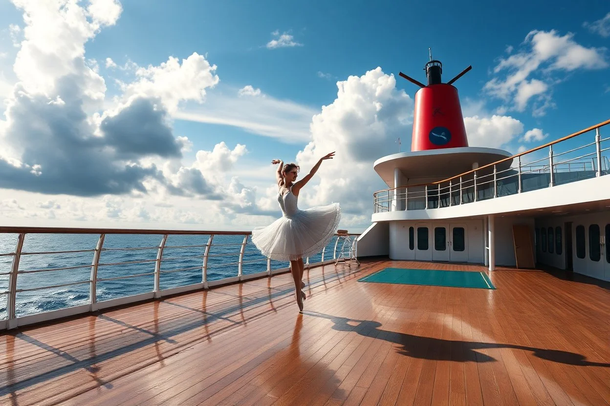 a ballerina dncing in deck of a modern big ship ,in oceion water vaves pretty blue sky with clouds