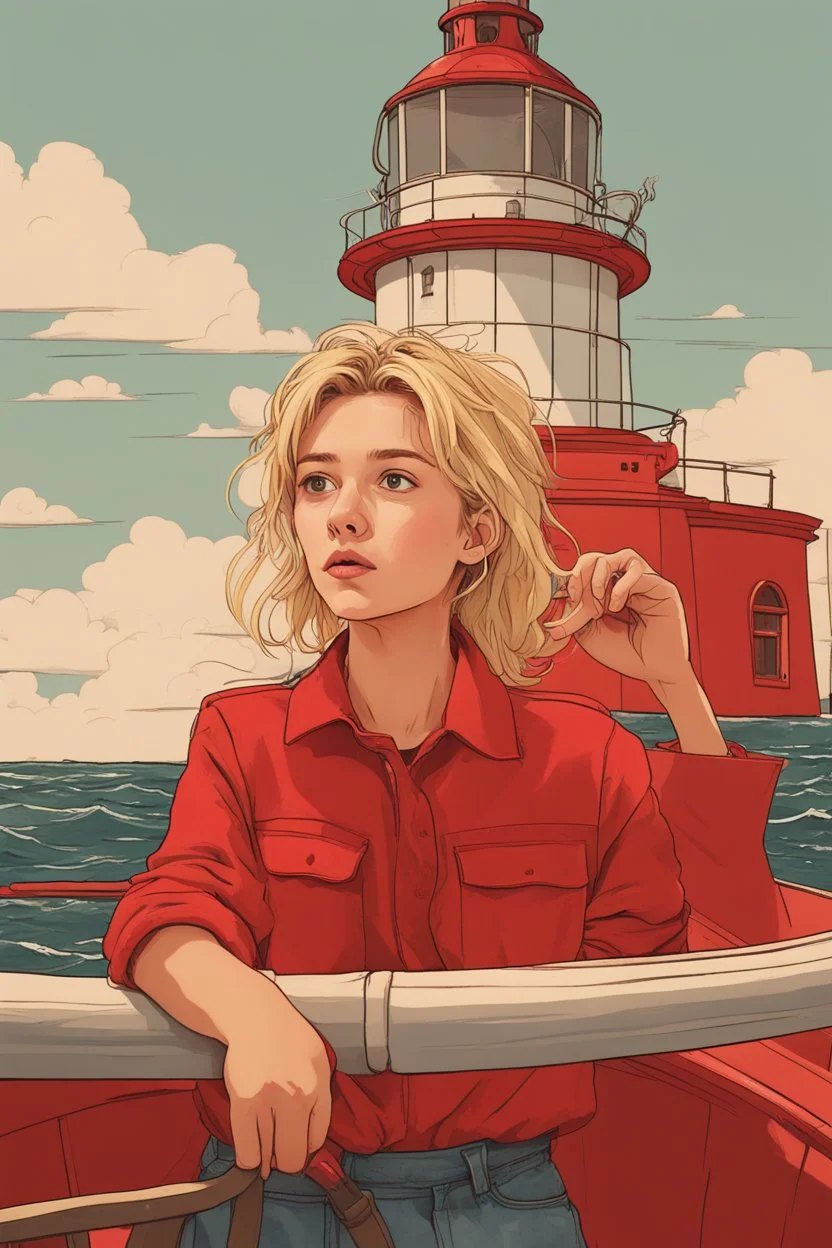 23 years old girl, with blond hair and a messy bun like selah sue. standing on in a red boat, wearing red clothes and holding binoculars watching something in the middle of the sea. She is standing in a lighthouse. Wes anderson style. In front. Sarcastic vibe.