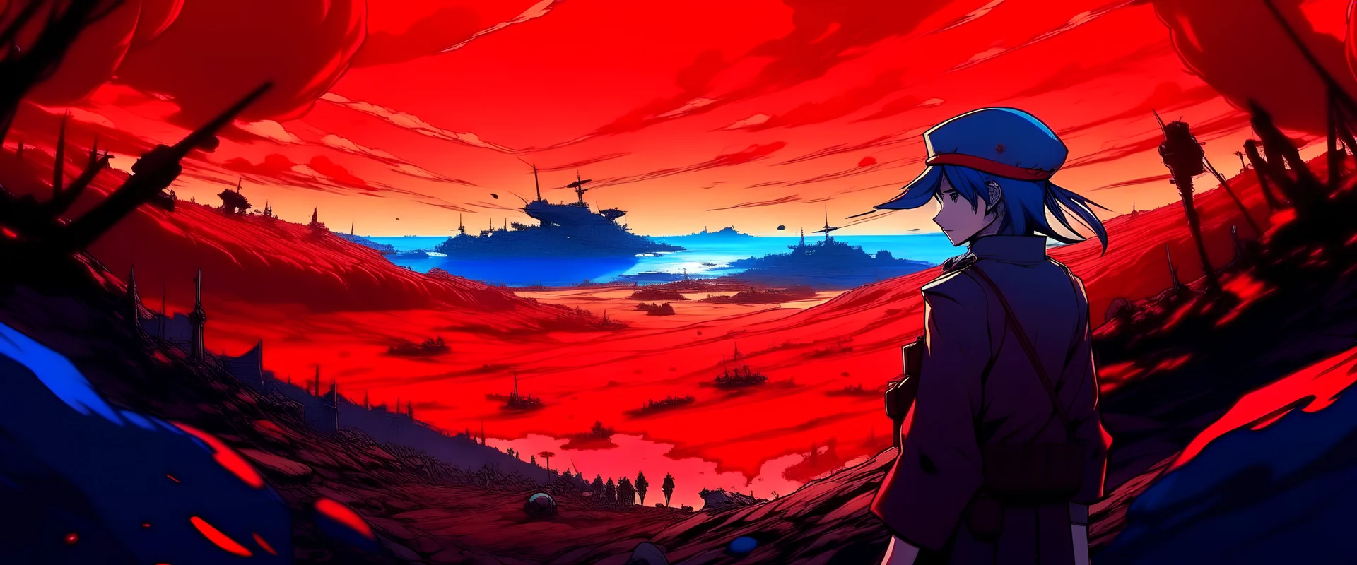 world war lands in anime style with red, blue colours