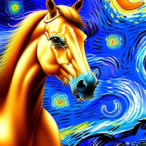 Dibujo al oleo de un caballo con nubes de colores estilo Vincent van Gogh