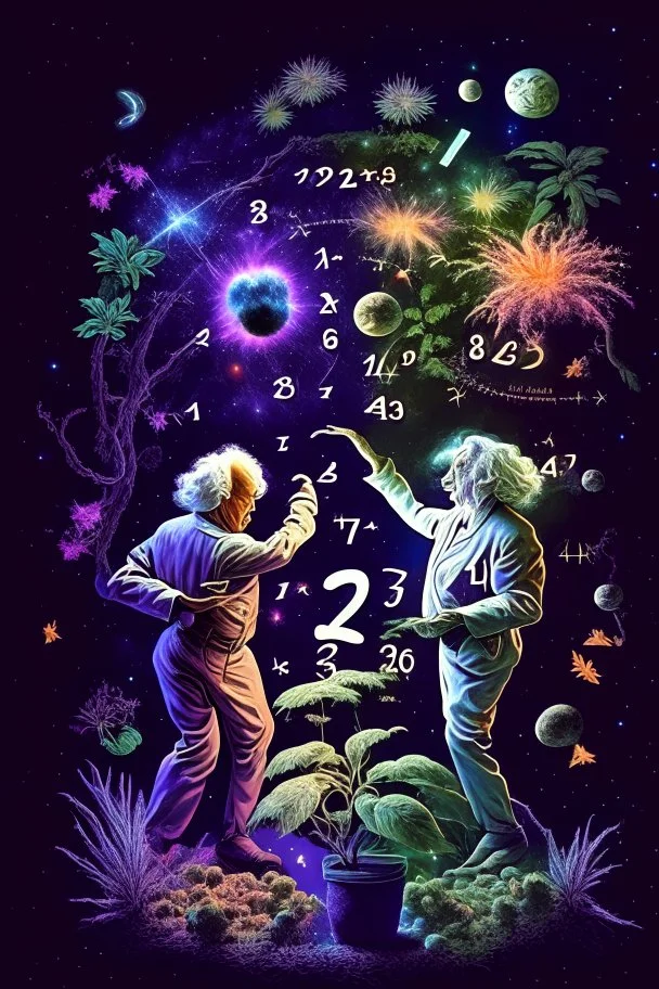 Albert Einstein and Richard Feynman playing with numbers in outerspace with plants, cosmic gas, stars, moons, and comets dancing around them