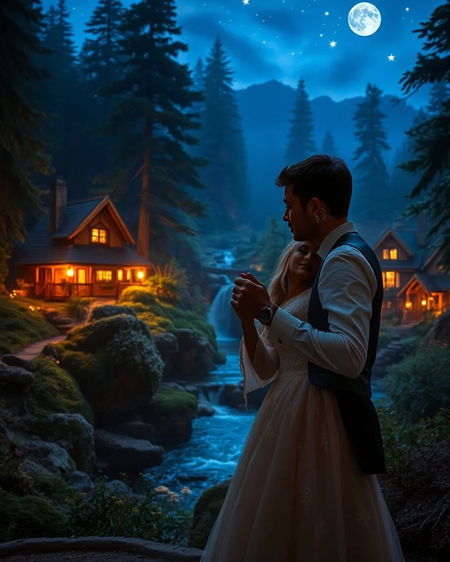 Close up Camera profesional Photography photoshoot Romance Wedding Couple Dancing in Wonderful landscape fantasy night photography art Rivendell land, darkness midnight magical forest and houses,beautiful light lamps,mushrooms,flowrs,little waterfall,river