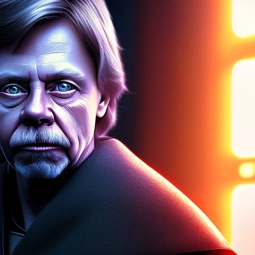 upper body photorealistic jedi mark hamill in Star Wars, sharp blue eyes, photorealistic weathered skin, short hair, dark brown jedi robe, cinematic lighting,