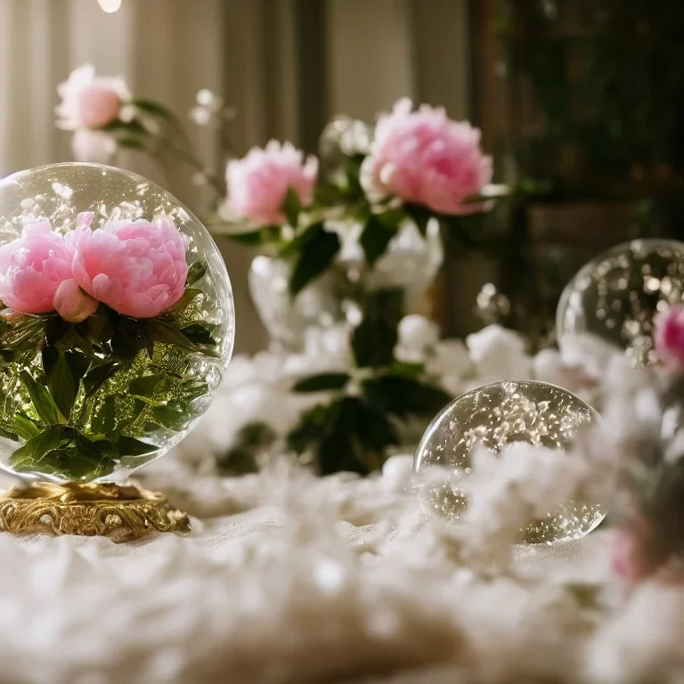 Cinematic shot of peonies inside a crystal lattice globe, glass, crystal, linen, dewdrops, warm lighting, luxurious, terrarium