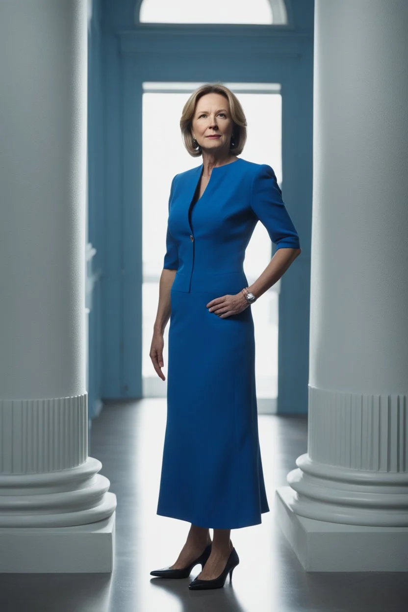 Powerful classical portrait of a 2000s politician in her early 40s wearing a blue dress standing in a powerful position a little zoomed out