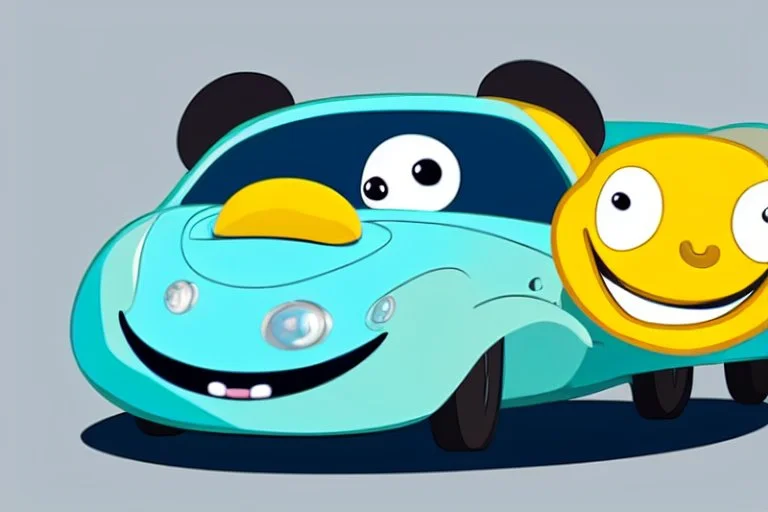 whimsical cartoon car with big eyes and its front grill forming a friendly smile, with a mouse character riding on it.