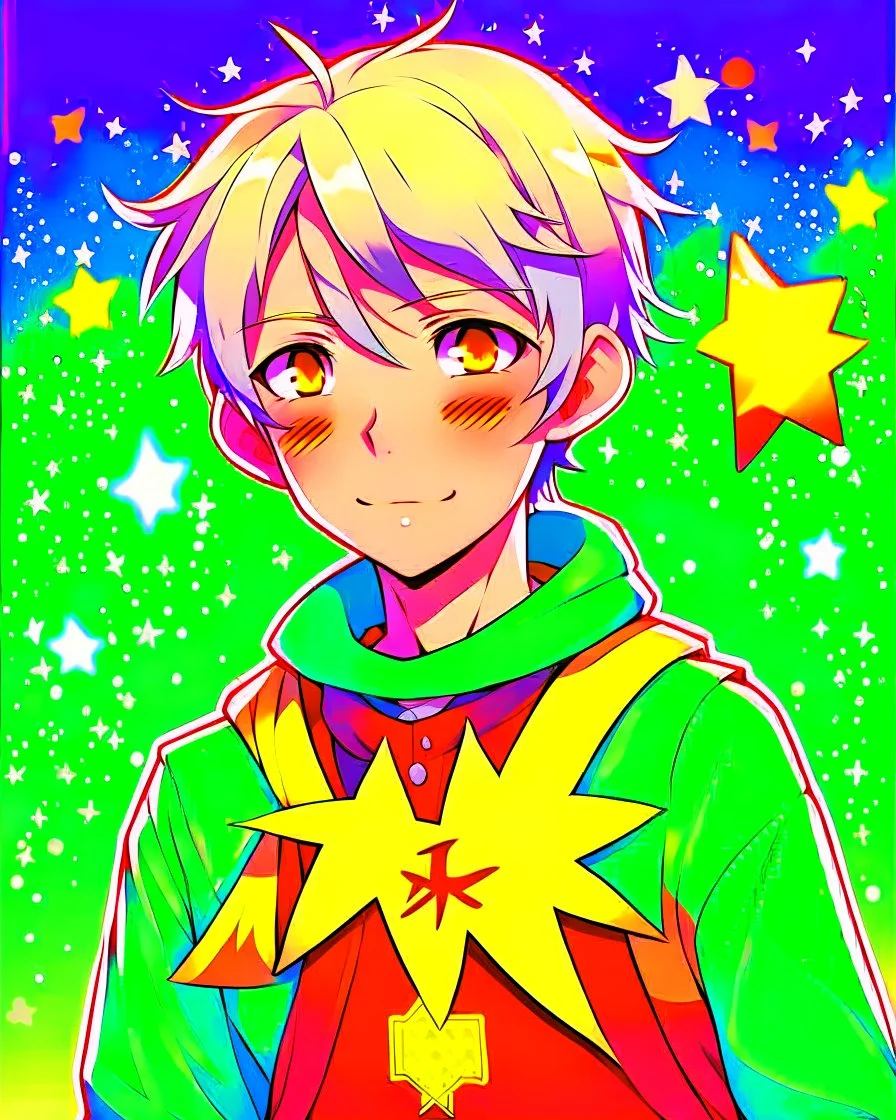 Boy, short white hair, wears a green shirt with yellow stripes, wears a red scarf, has light green eyes, his shirt has a star print, around him, uses star power in his hands, background with various colors and stars, HQ anime manga drawing style