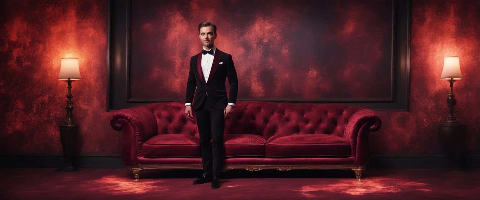 Hyper Realistic Handsome-Muscular-Man-with-little-smile Wearing Maroon-&-Black-Velvet-Tuxedo in flame-patterned-vintage-wall with glowing-embers on the floor in a dark-room with fancy-couch-&-fancy-lamps-on-wall