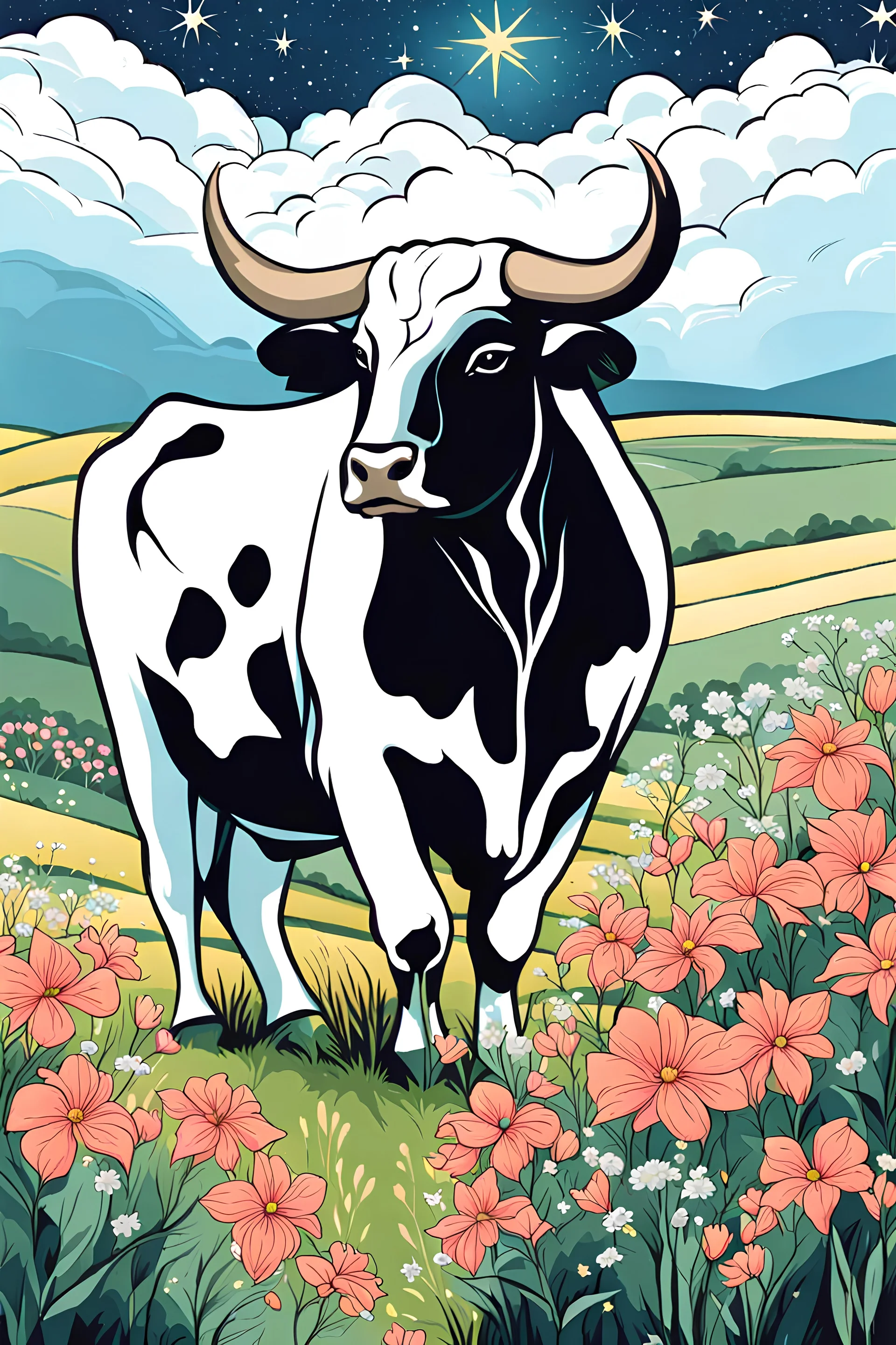 Taurus: Imagine a serene bull resting under a starlit sky, surrounded by lush fields and blooming flowers.