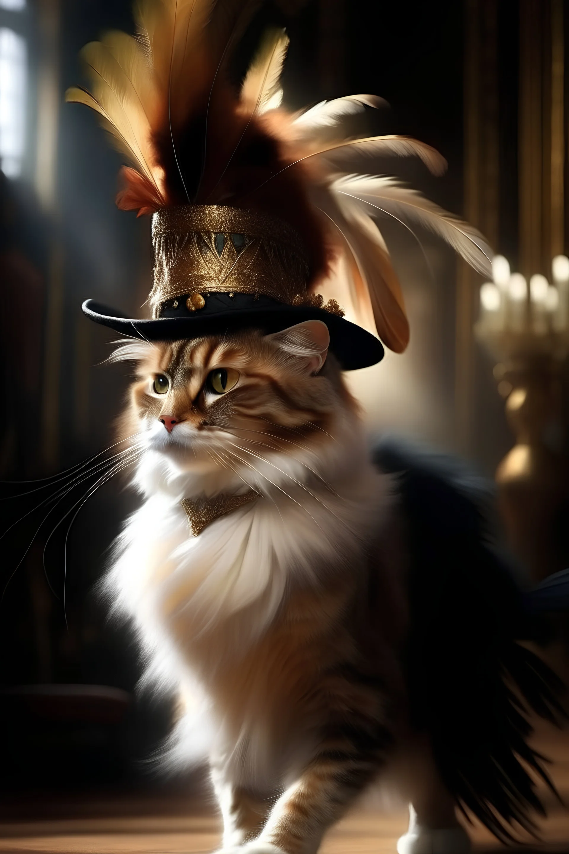 Portrait of a royal cat dancing in a golden hat with a feather on it