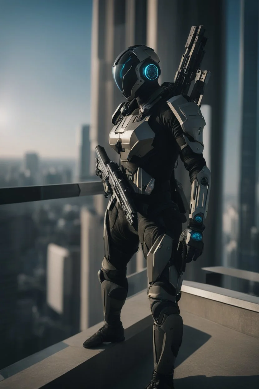 Long-angle shot takes the form of a full body futuristic cyber punk sniper wearing a robotic warframe suit, small earphones, full body Raw, 8k, Futuristic robotic soldier position on top of a tall building is aiming with a lying position is aiming at the target