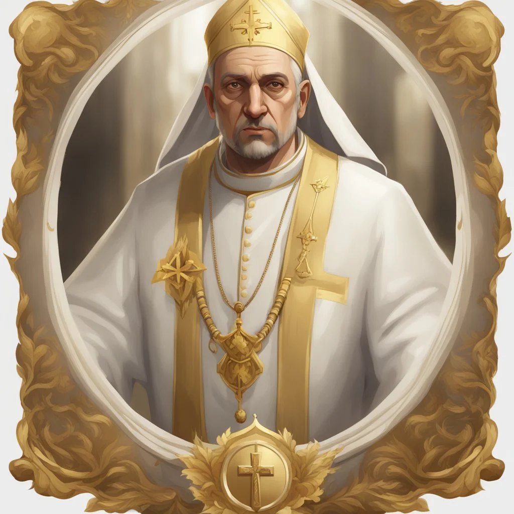 game avatar, man, portrait, pope priest, religion, white robe, gold, medieval