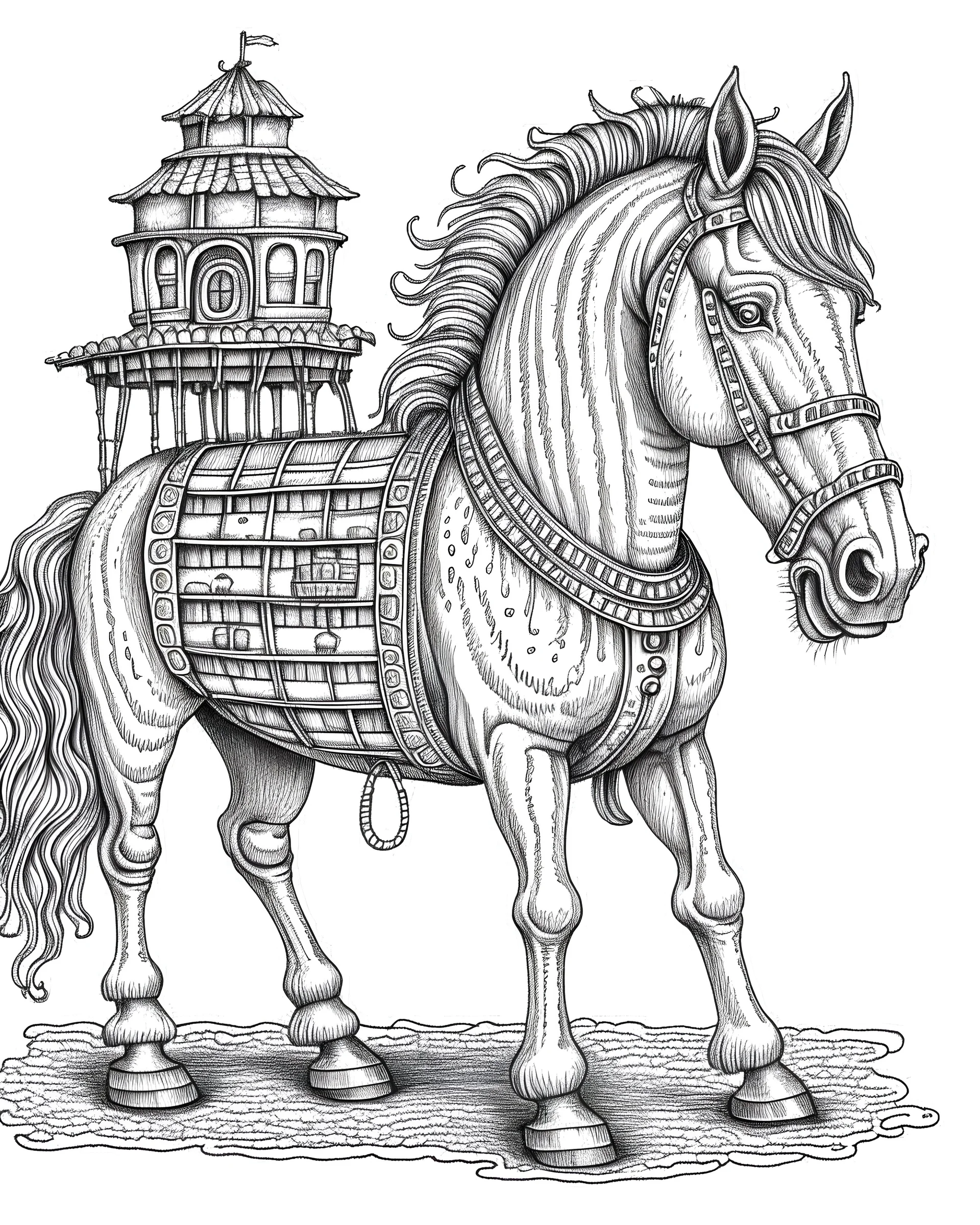 The Trojan Horse. realistis tatto sketch style, white background, profesional tatto sketch