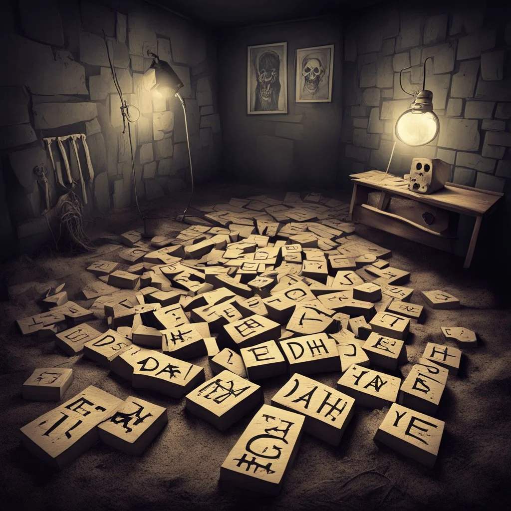 horror poster art, in creepy playroom toy letter blocks on the ground roughly line up to spell "DEATH", sinister, eerie lighting, digital art, fine illustration,