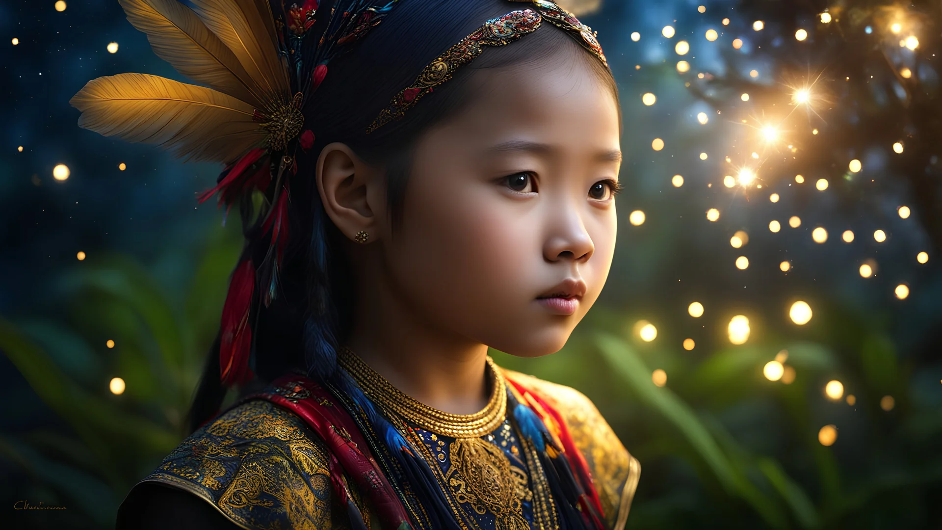 little young Sarawak Kelabit Christian girl, peaceful, gentle, calm, wise, traditional Kelabit costume, perfect eyes, exquisite composition, night scene, fireflies, stars, beautiful intricate insanely detailed octane render, hornbill feathers, 8k artistic photography, photorealistic concept art, soft natural volumetric cinematic perfect light, chiaroscuro, award-winning photograph, masterpiece, raphael, caravaggio, William-Adolphe Bouguereau, alma-tadema