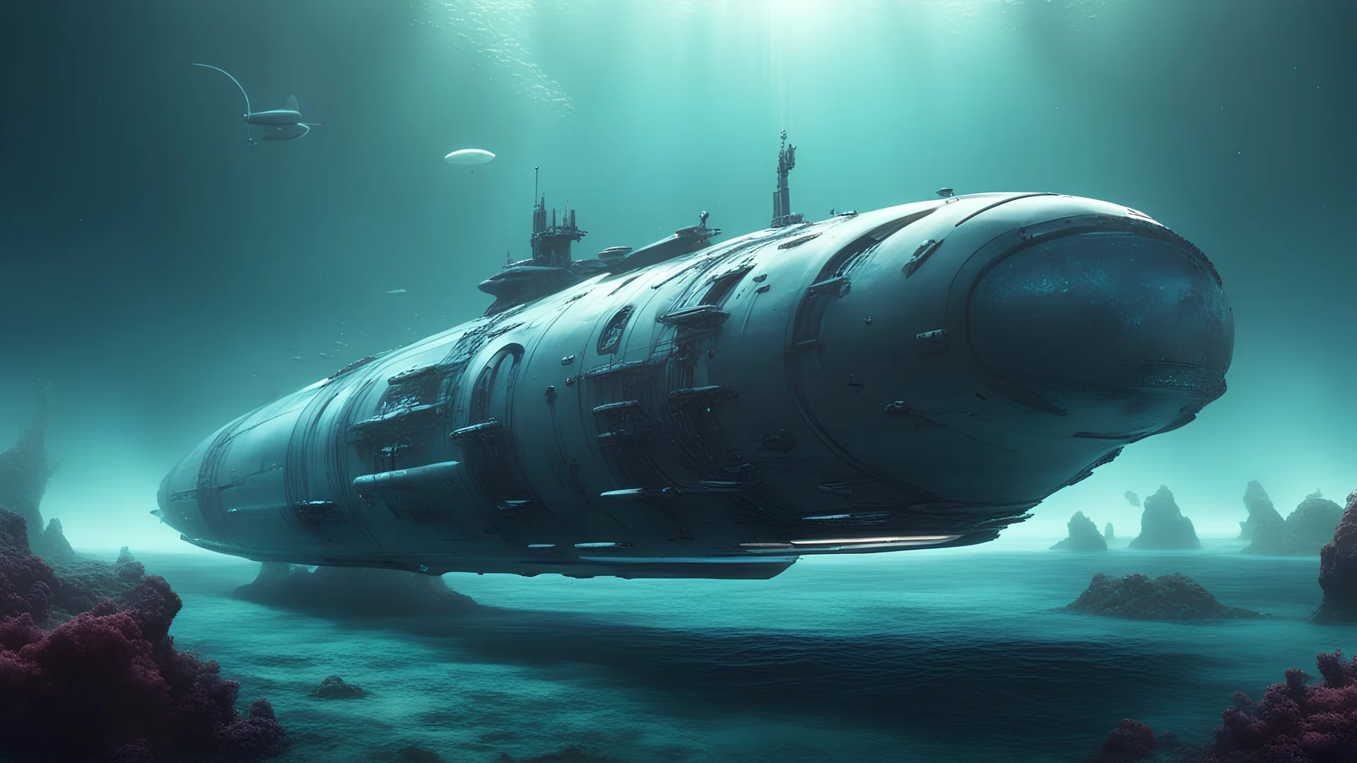 futuristic submarine diving through an ocean on an alien planet