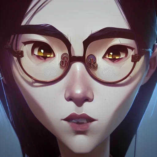 close up portrait of Korean gamer girl seting with hand on the Chen round glasses on her face brown hair white headfone , fine detail, highly intricate, modern surrealism painting, defined cracks and breaks, high-quality, volumetric lighting, 8k, ultrahd, George Grie, Marco Escobedo, Igor Morski,Brian Froud, Howard Lyon, Selina French,