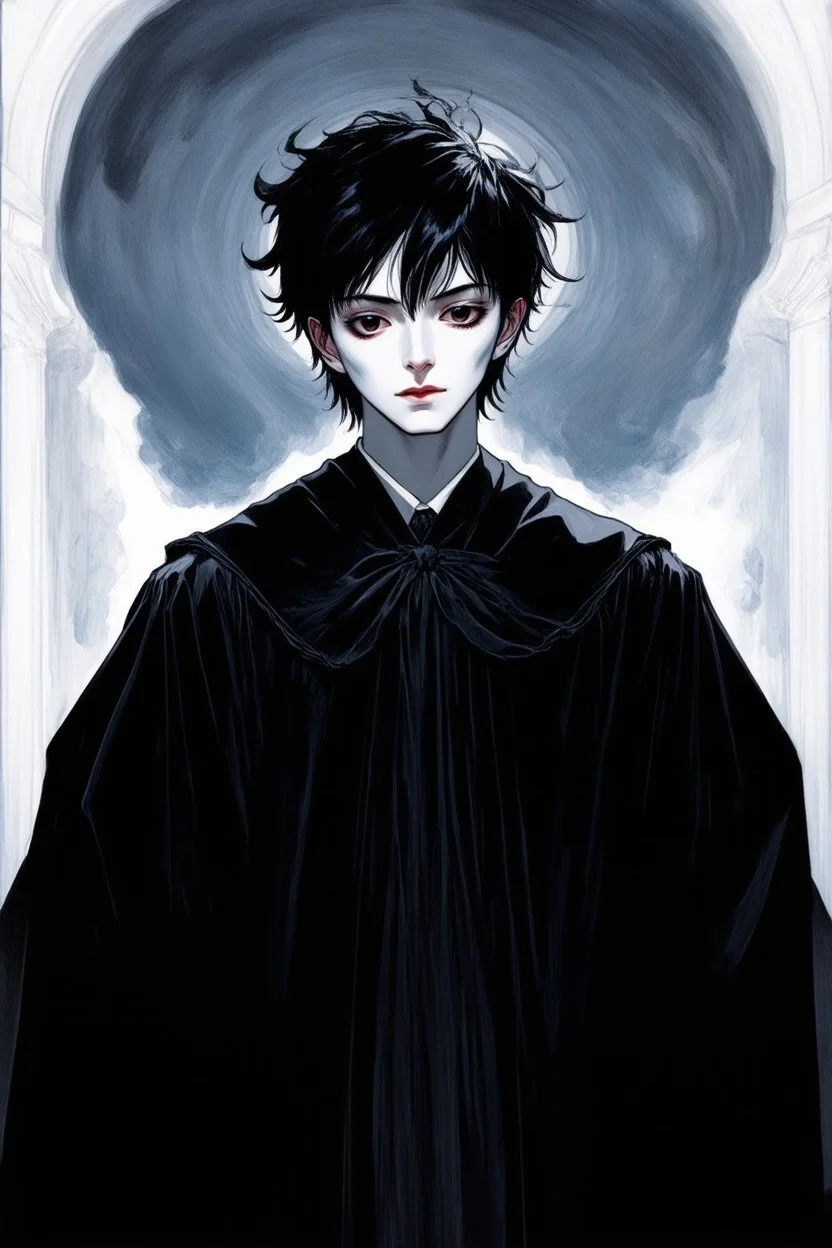 black hair, 19year old, male, wearing black robes, alchemist, in the style of Harry Clarke