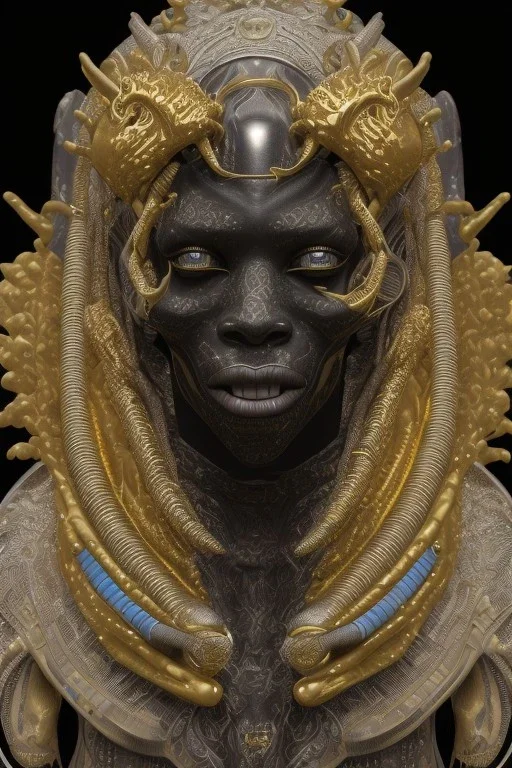 black male African Egyptian alien, cracks in the voodoo head, wicked, eyes, crown, blood, 8k, finely detailed, photo realistic, tiger turquoise skull head gold dragon space alien snow skeleton gold teeth silver crown silver space face mask