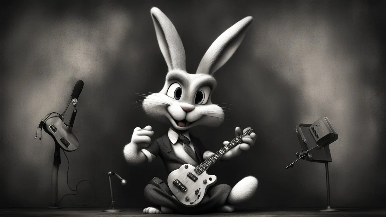 photorealistic deppressed dark melancholic sad Bugs bunny with blackeye deppressed doing music rock and roll dark heavy metal on a scene alcoholic, ciggaretes ciggaretes sad sad sad sad ciggarets