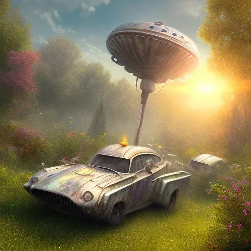 pixar style, volumetric summer garden environment and background, realistic painting of debris ufo, looking excited, volumetric lighting, dramatic lighting, detailed digital painting, extreme dense and fine fur, anime, ornate, colour-washed colors, elegant, small minutiae, tiny features, particulars, centered, smooth, sharp focus, renderman gofur render, 8k, uhd, detailed eyes, realistic shaded volumetric lighting, sunlight caustics, backlight, centered camera view