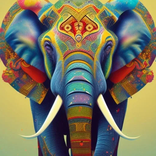 Elephant head portrait, bright colors, splash paint, centered, detail, 8k resolution