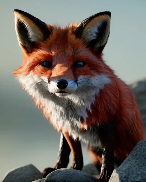 A fantasy fox made up of rocks with green eyes , fantasy , unreal engine, realistic