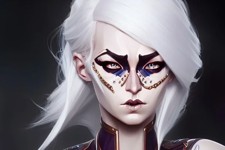 portrait fantasy mechanical woman pearl white hair gemstone eyes