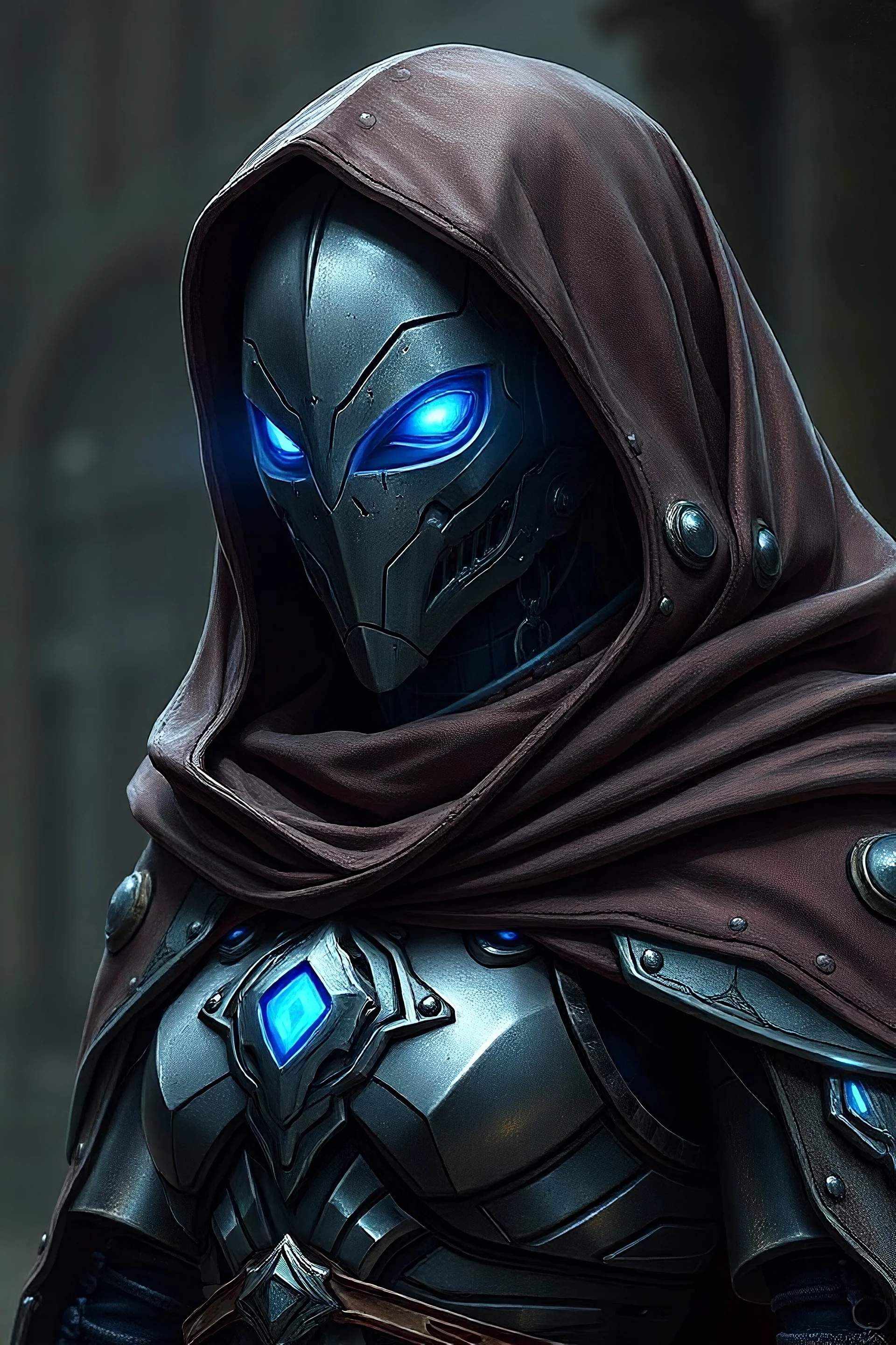 Female Warforged robotic artificier, with blue glowing eyes, cloak, wearing titanium armor, medieval style, dungeons and dragons