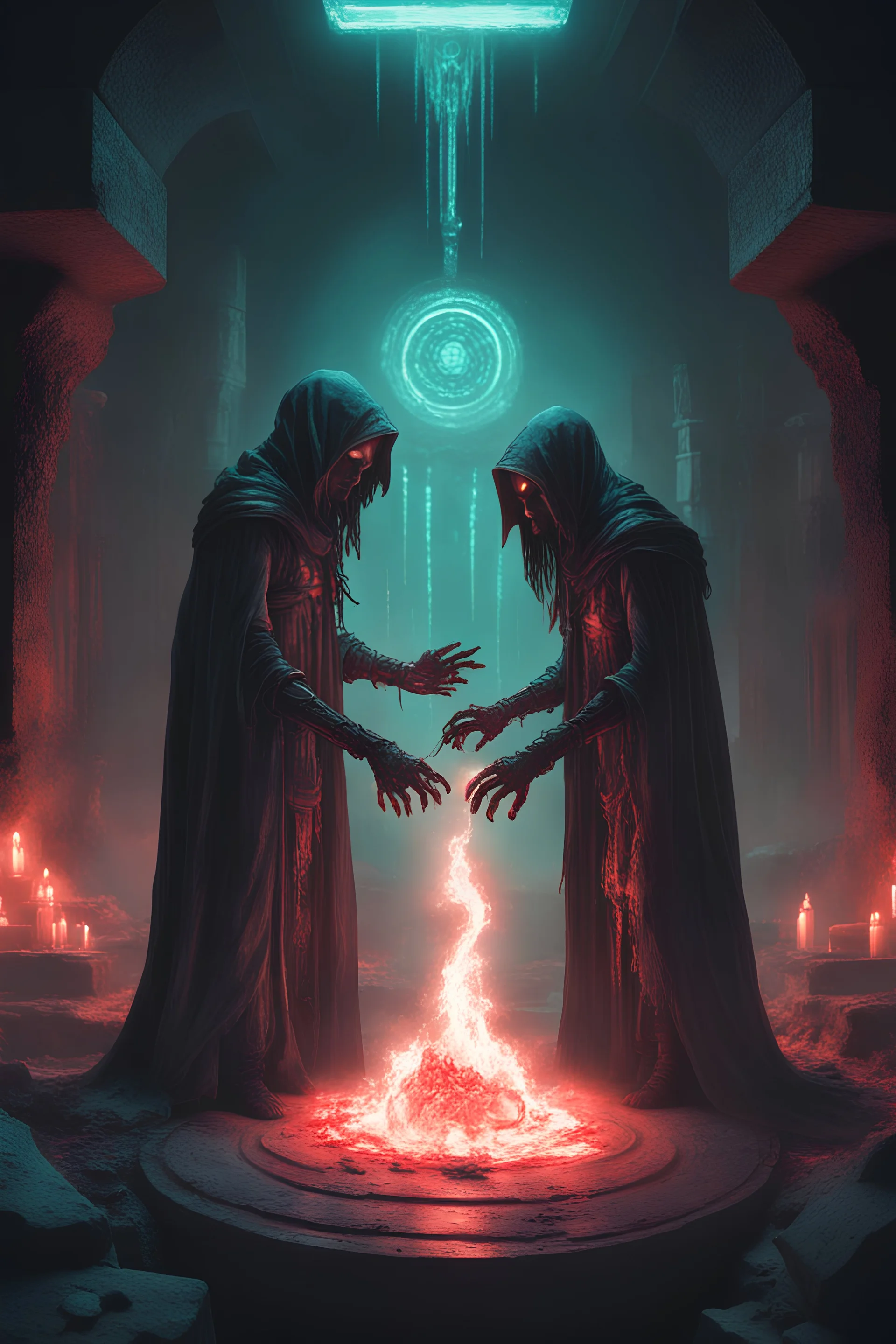 Two necromancers performing a ritual, cyberpunk aesthetic, glowing eyes, futuristic catacomb setting,evil glowing energy spreading