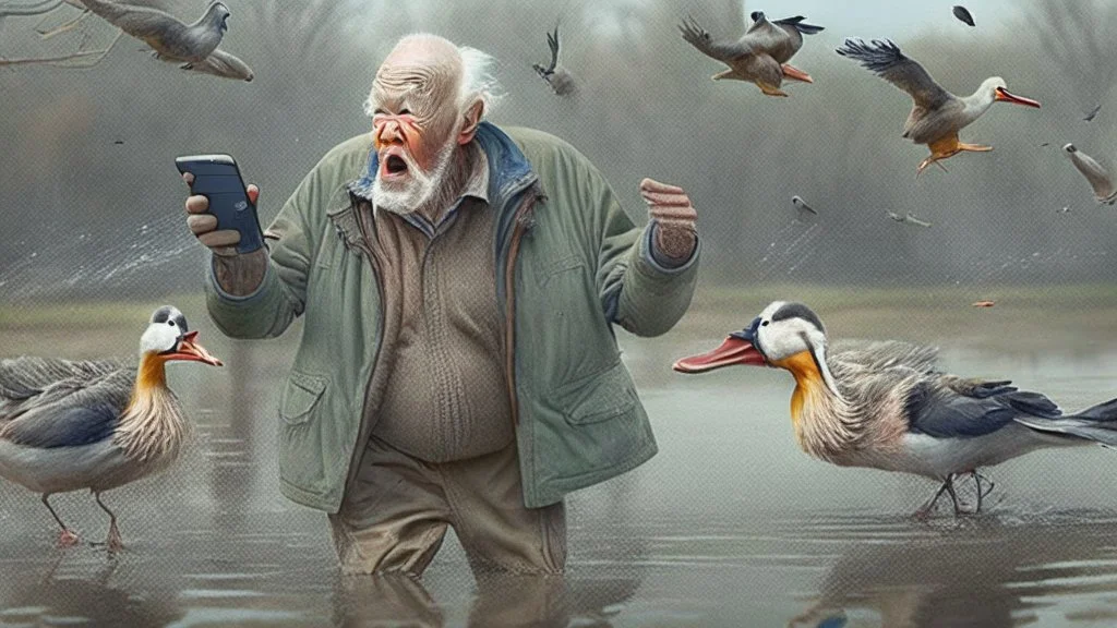 old man talks on phone while chasing ducks away,