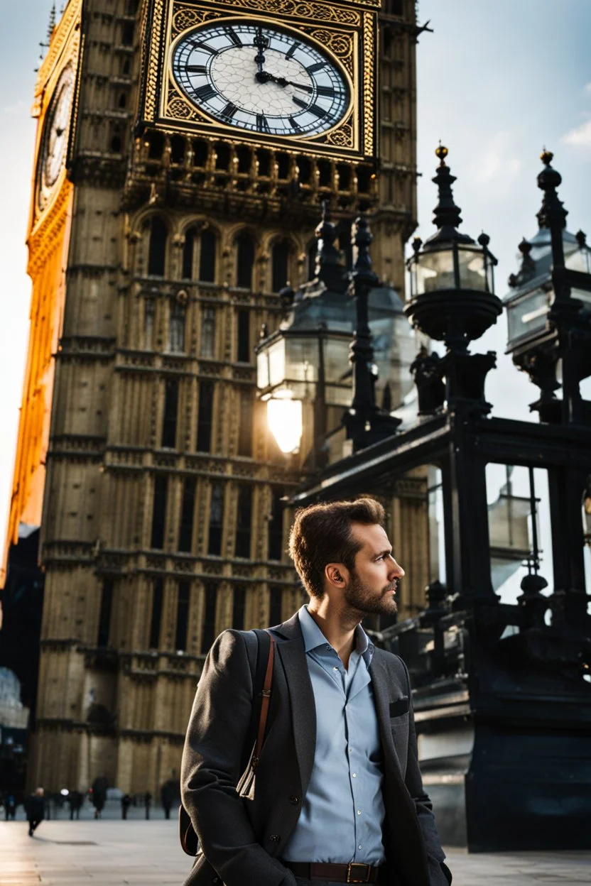 an man standing in front of big ben looking at camera,closeup