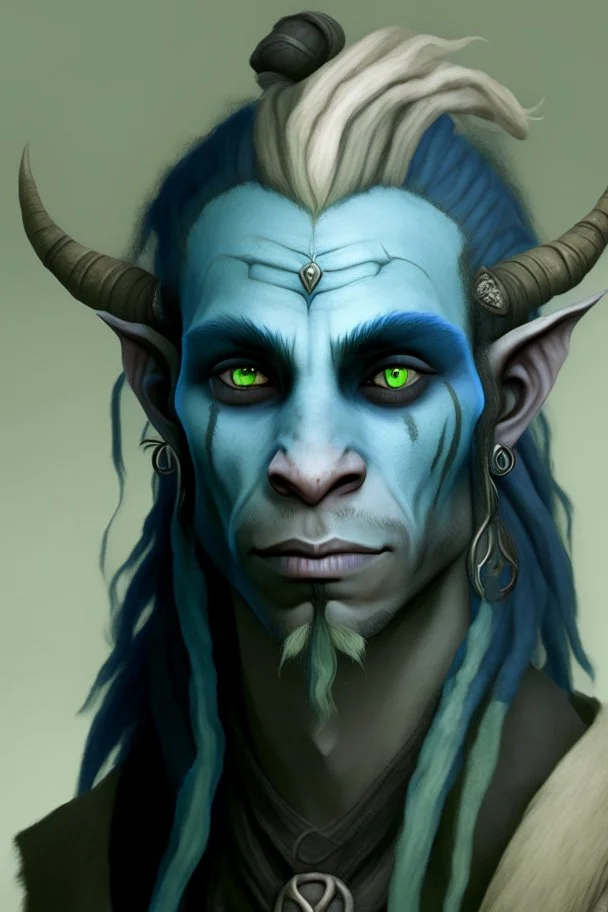 A tieffelin with blue skin and white Dreadlock hair. His pupil-less eyes are green. He wears a small beard. His horns are black and curved backwards. He wears a beige tunic.