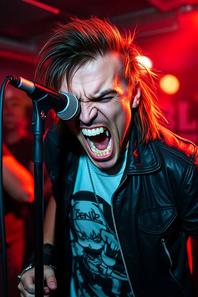 A very angry and bitter punk rocker screaming at microphone, very aggresive image in a club house, his name i FOLKE