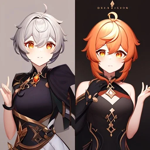 portrait of genshin from genshin ((genshin)) ((genshin ingame outfit)) wearing a short skirt, black short hair, orange eyes