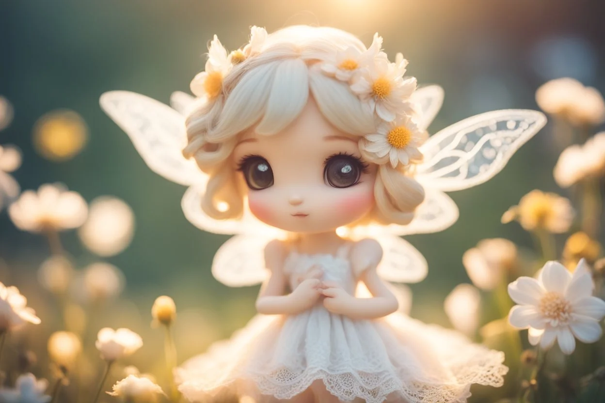cute chibi lace fairy, flowers, in sunshine, ethereal, cinematic postprocessing, dof, bokeh