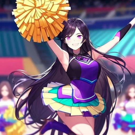 Clear focus,8k,Beatiful Lighting,Beatiful Blur,Beatiful Face,Beatiful Shading,Black long hair,silky hair, long silky bangs, Purple eyes, wearing a cheerleading outfit, Jumping, happy