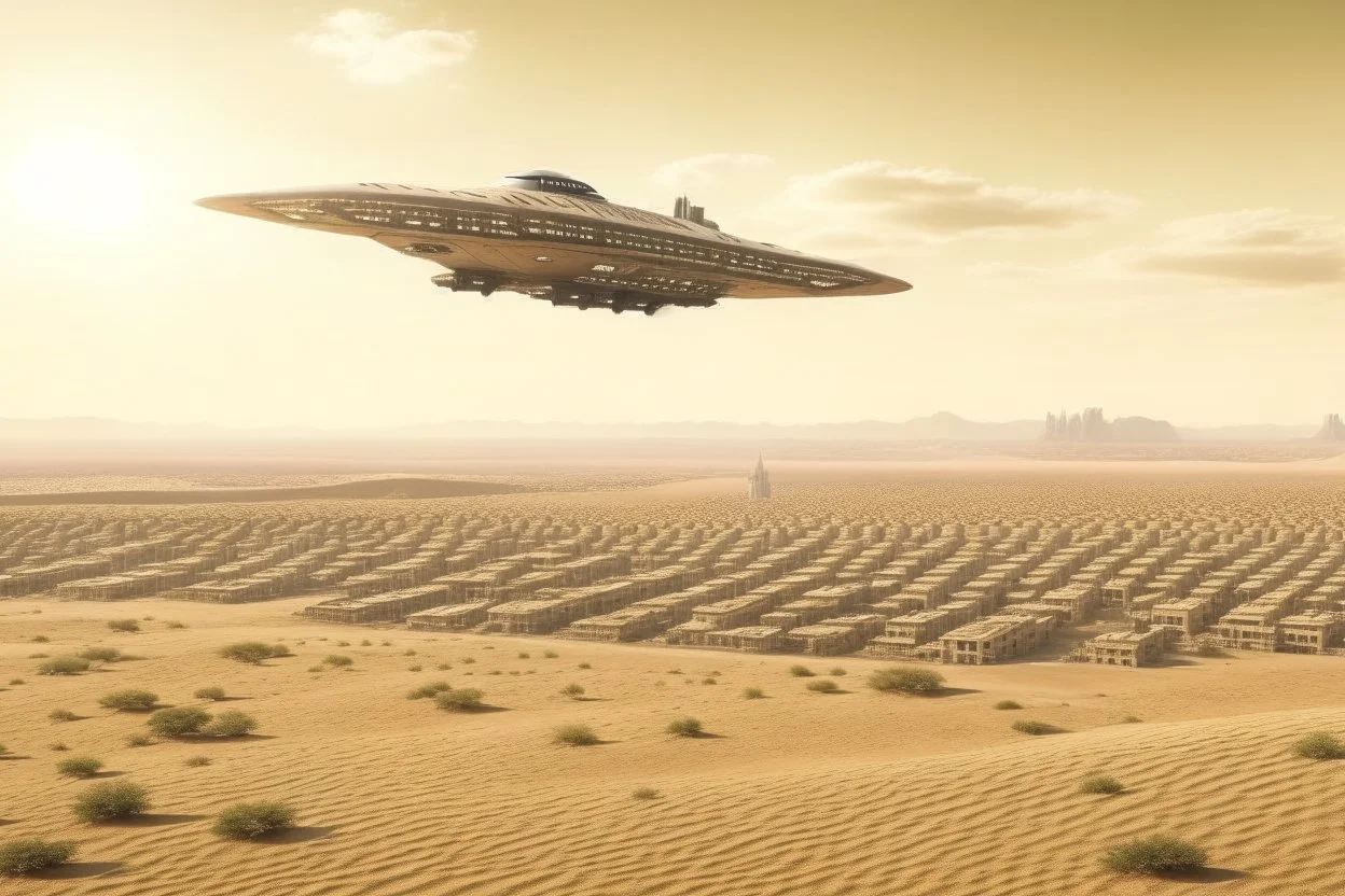 spaceship flying low over a desert city